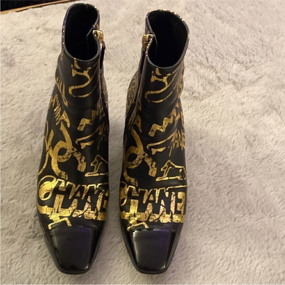 Chanel Black and Gold Ankle Boots, US7,5